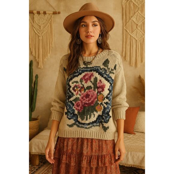 Vintage One Step Up Womens Chunky Sweater Size M Hand Knit Floral Graphic Boho - Picture 1 of 9